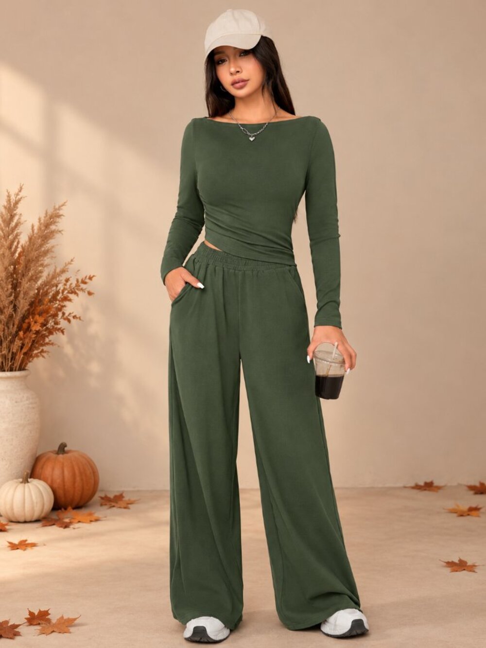 Petite Olive Green Two Piece Lounge Set Boat Neck Wide Leg Pants Large